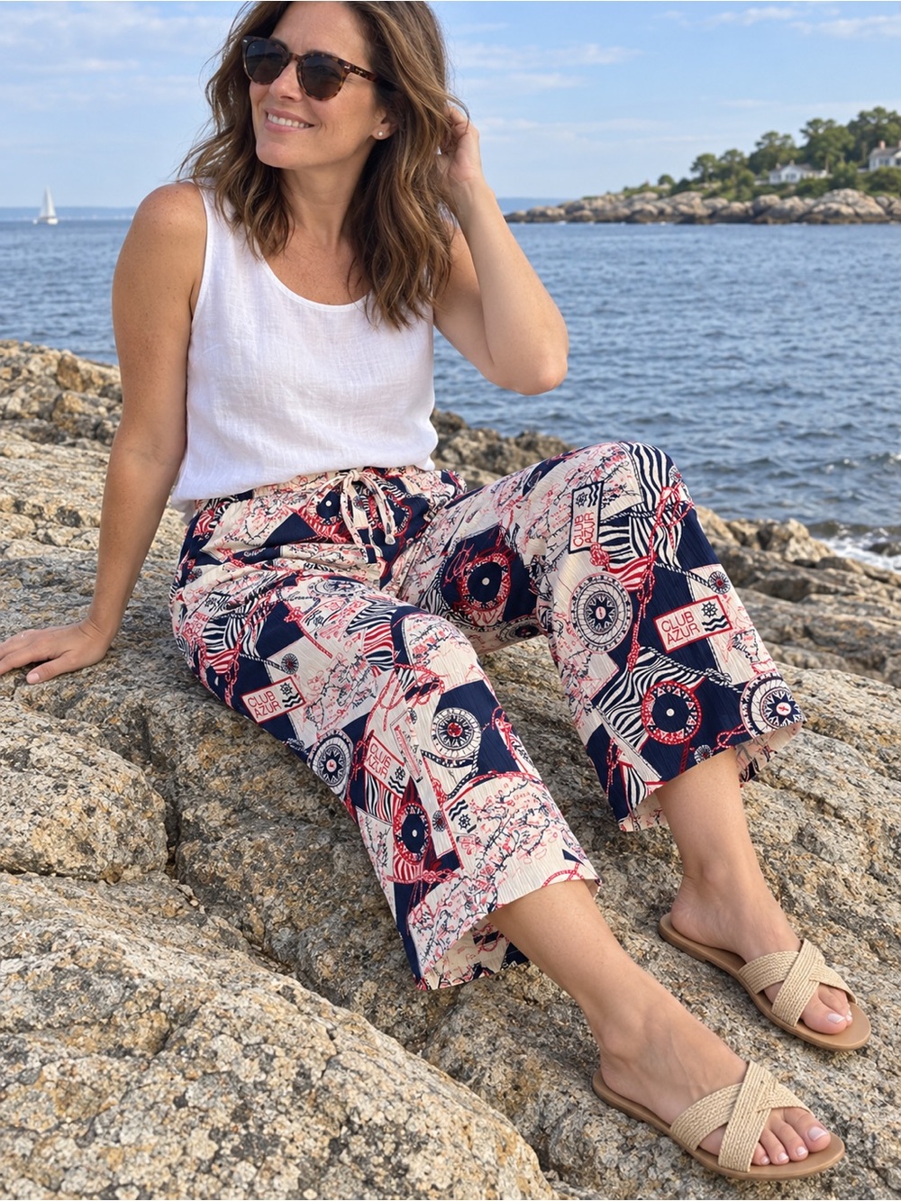 Talbots Navy and Cream Printed Cropped Wide-Leg Pants